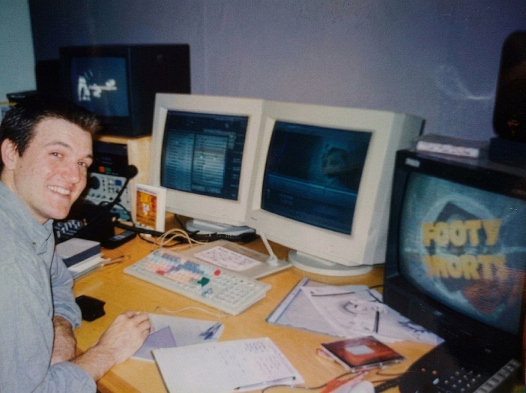 Andy in 1998 at his first Avid suite, Footy Shorts on the monitor beside him