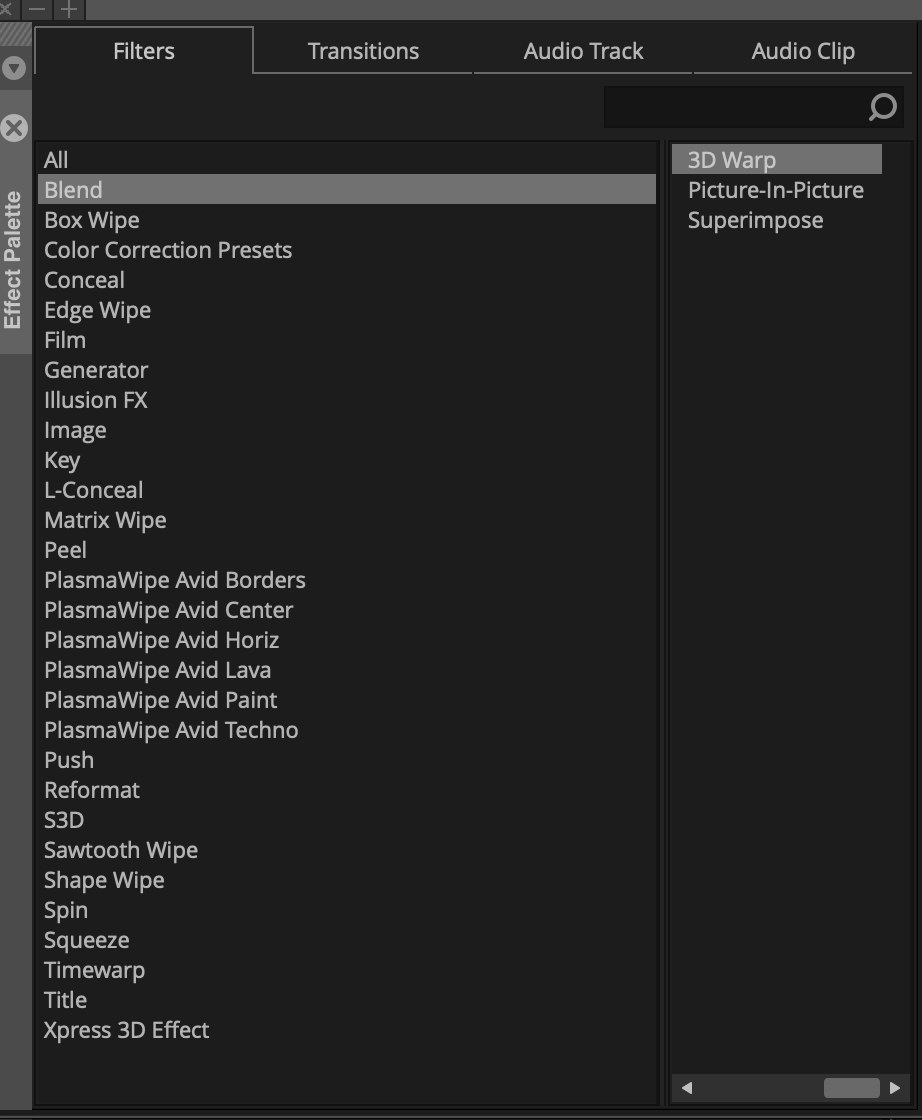 The full Effect Palette in Avid First, from Blend to Xpress 3D Effect