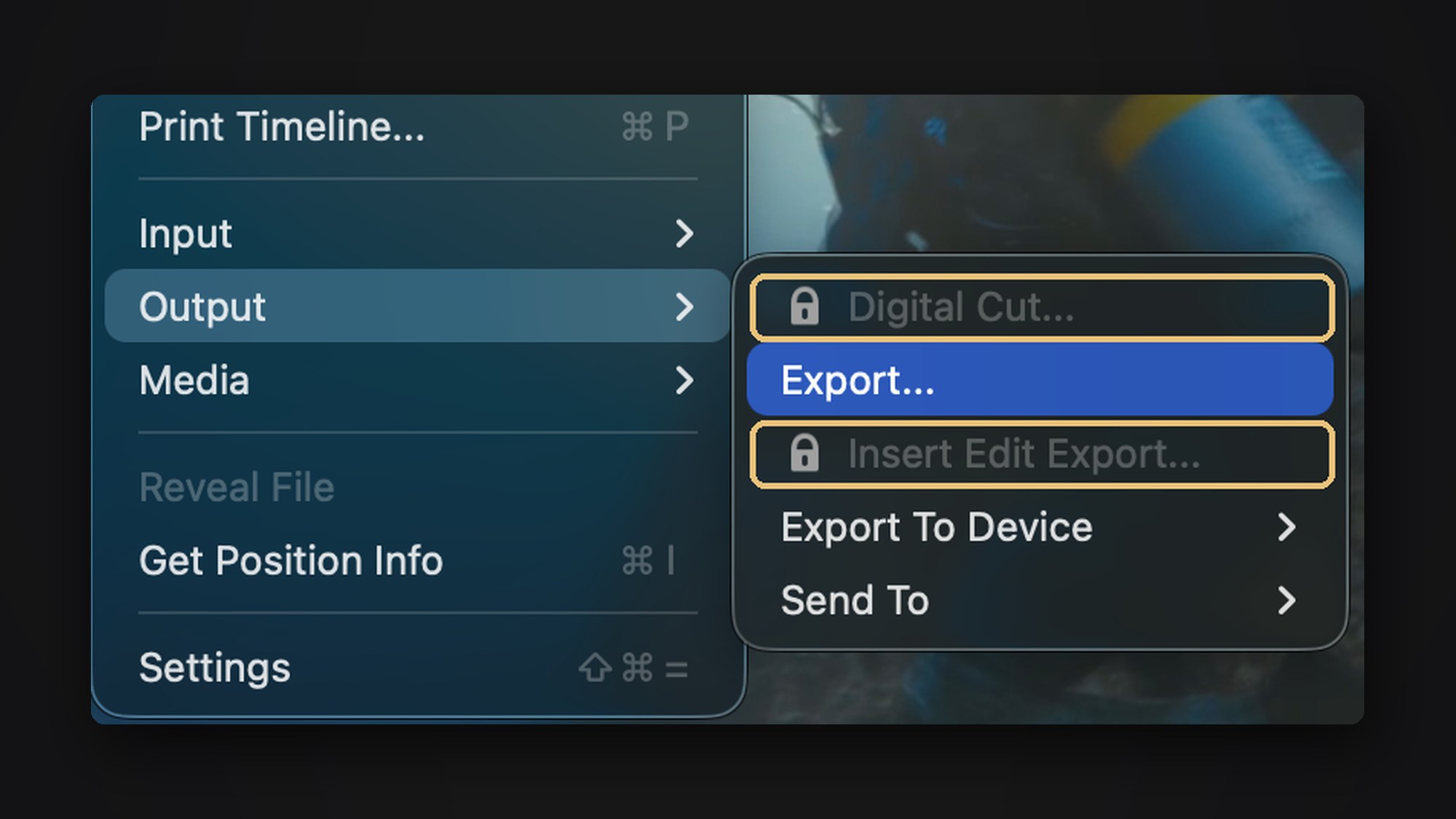 The Output menu in Avid First, with Digital Cut and Insert Edit Export padlocked