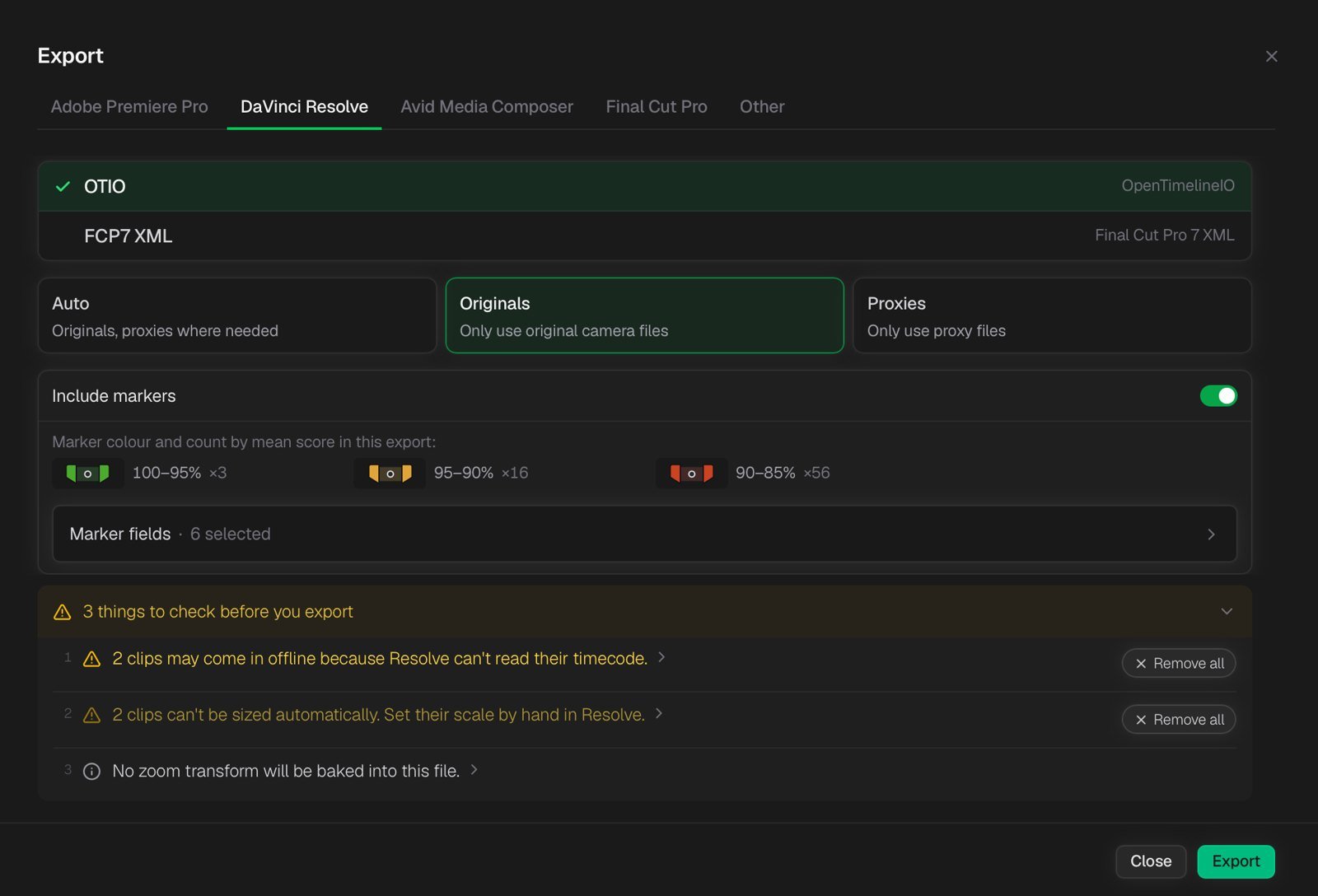 Cutdown's export window for DaVinci Resolve, with coloured score markers and three warnings to check before export