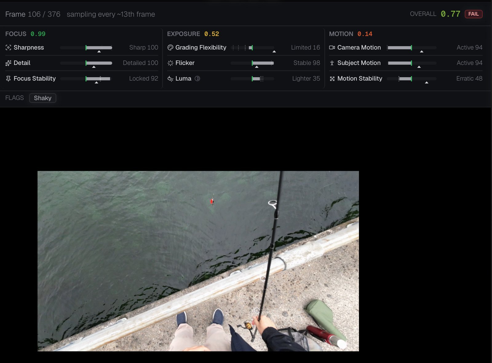 Cutdown failing a handheld point of view shot looking down at a fishing rod and lure over a harbour wall, flagged as shaky