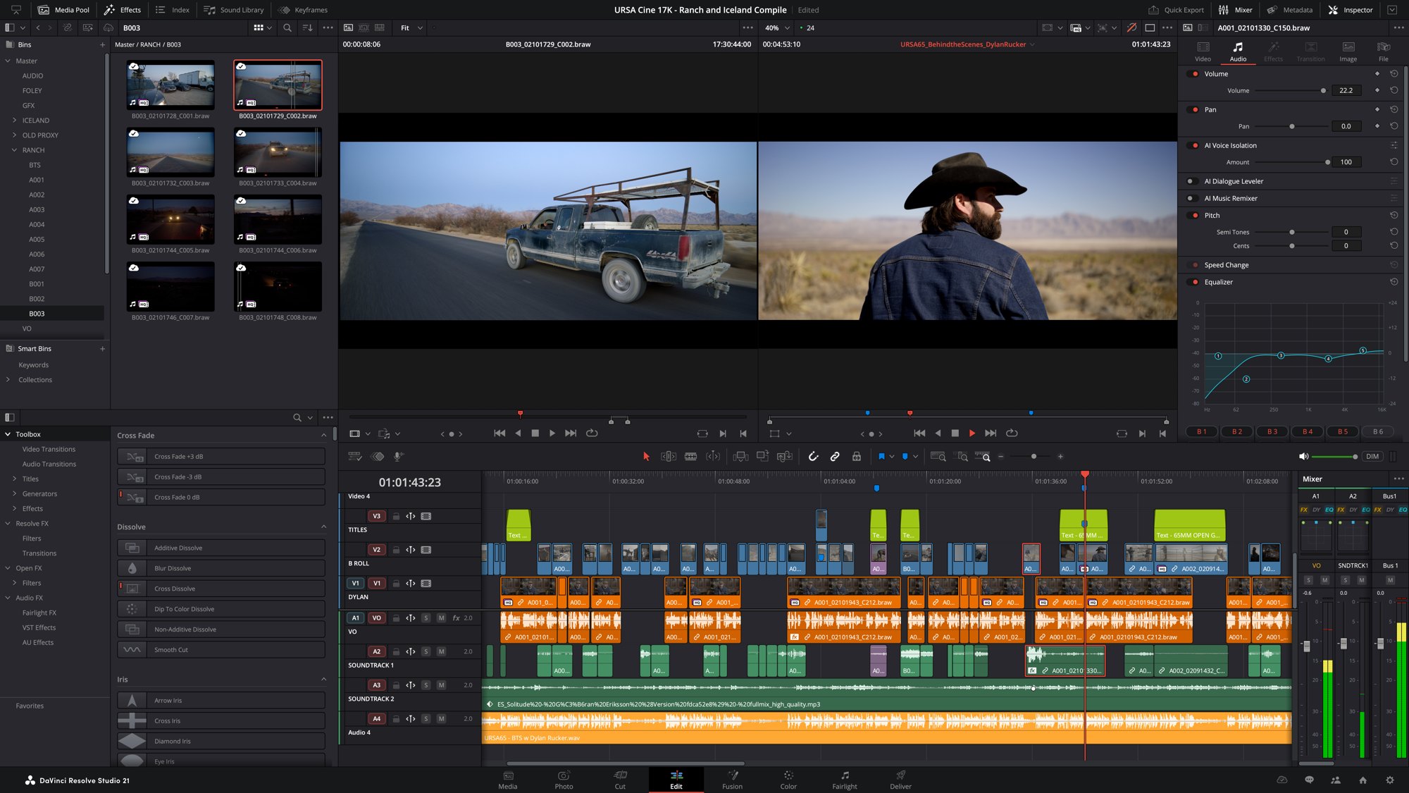 The Edit page in DaVinci Resolve 21, with bins, two viewers, an inspector and a multitrack timeline