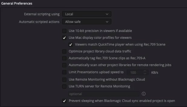 Resolve General Preferences, with External scripting using set to Local and Automatic scripted actions set to Allow safe