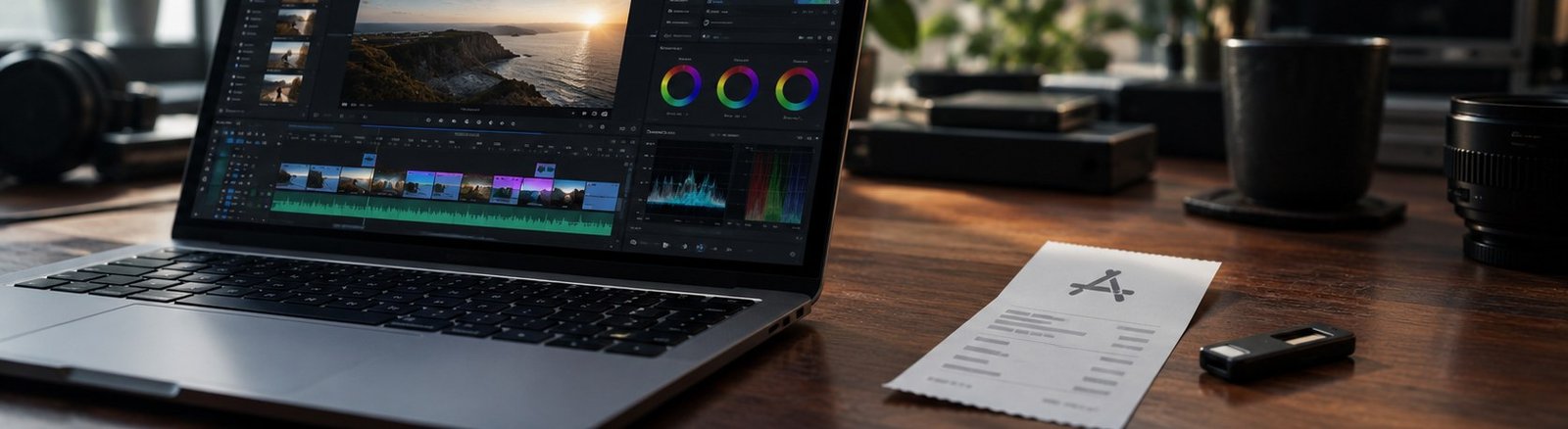 A laptop running a colour grading app beside an App Store receipt
