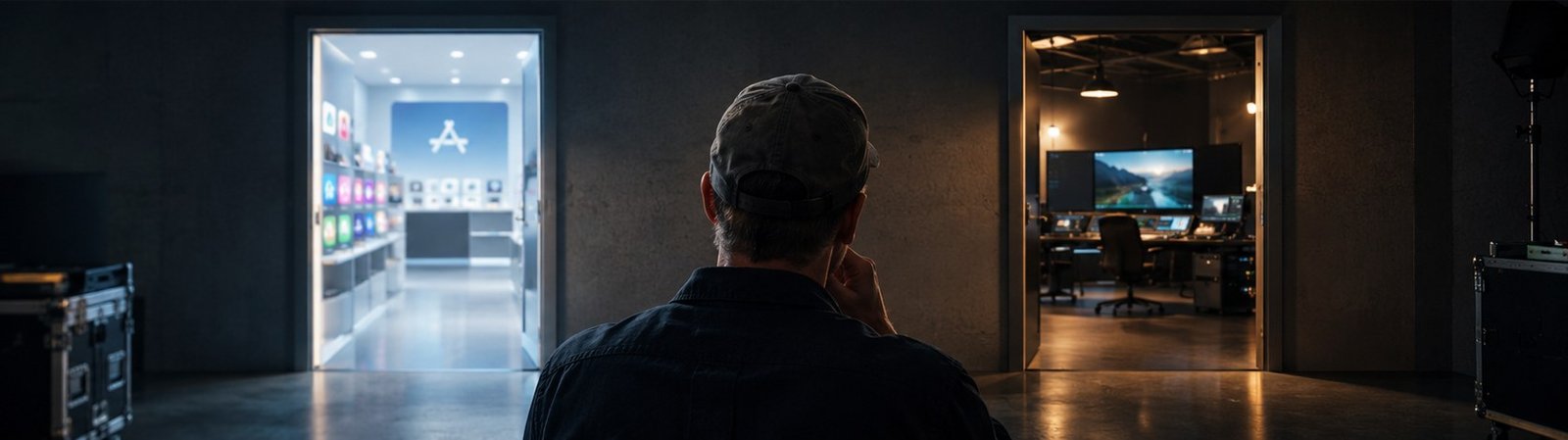 An editor in a cap stands between two doors, an app store on the left and an edit suite on the right