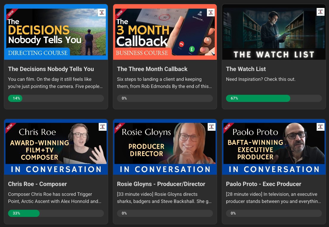 Course and conversation cards in the Story and Magic classroom, including a directing course, a business course and three In Conversation episodes