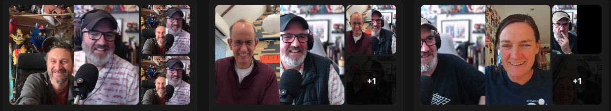 Three recorded conversations side by side, Andy on a remote call with a puppeteer, a studio founder and a sound recordist