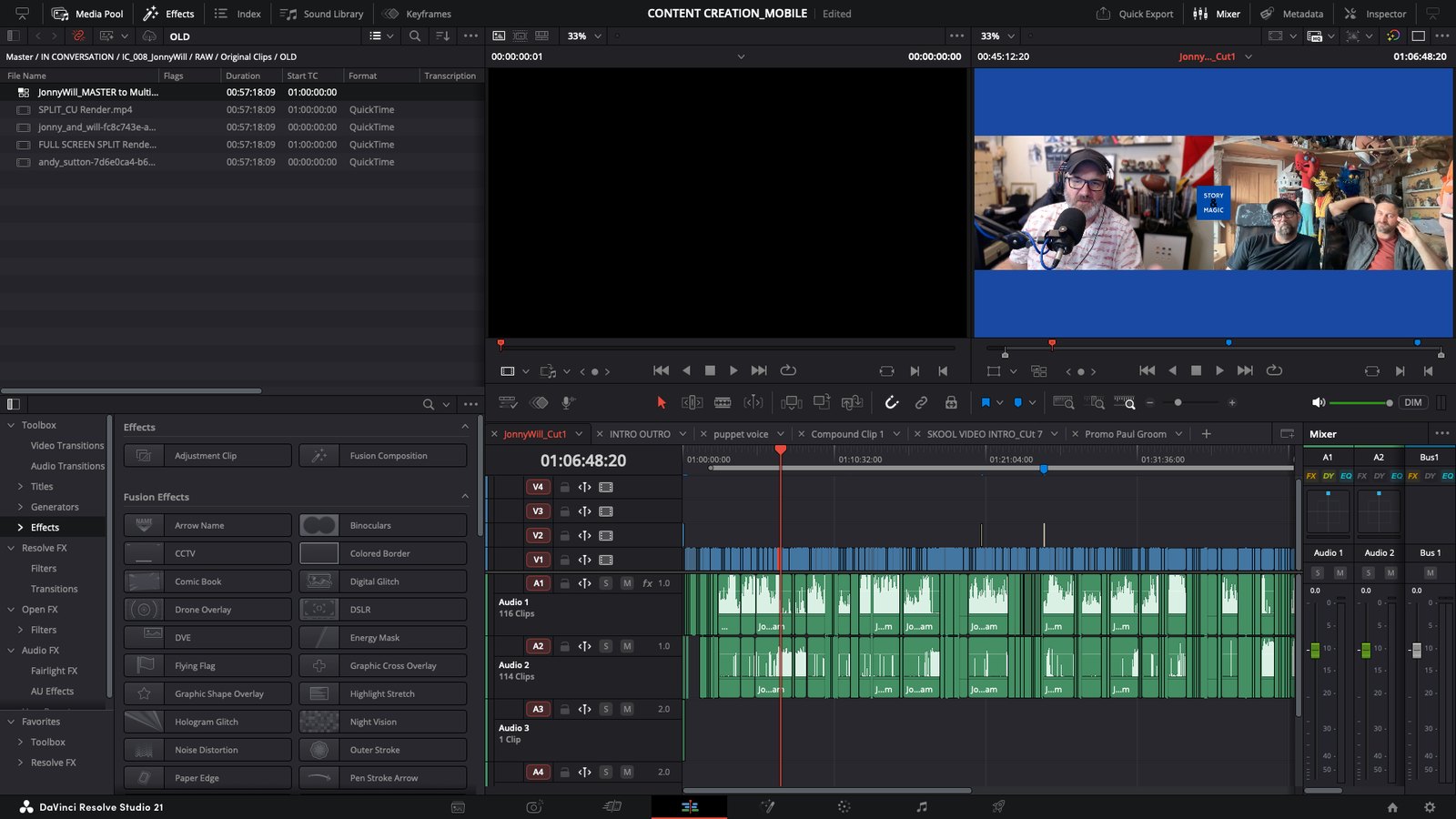 An In Conversation edit open in DaVinci Resolve, the split-screen frame in the viewer and the cut on the timeline below