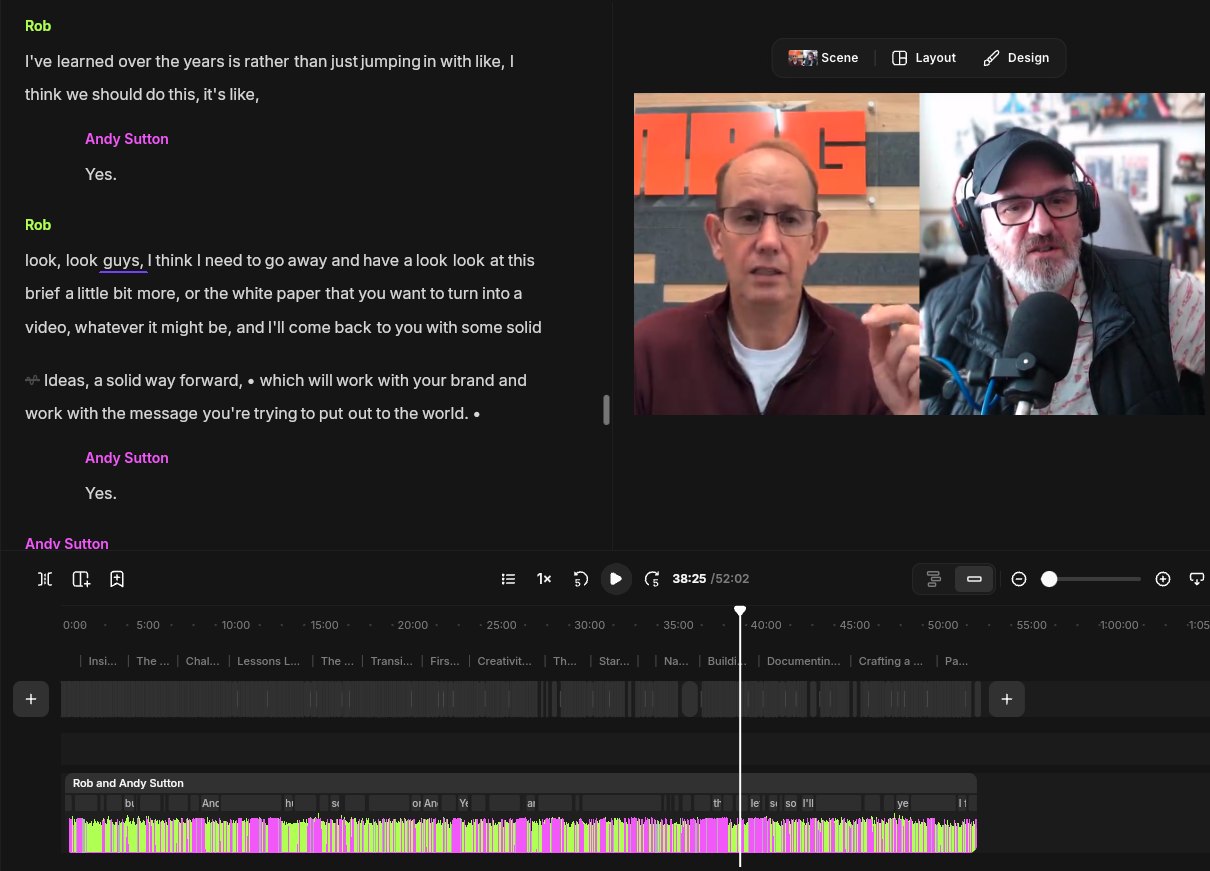 A conversation transcript beside the recorded split screen, with the edit timeline and chapter markers underneath
